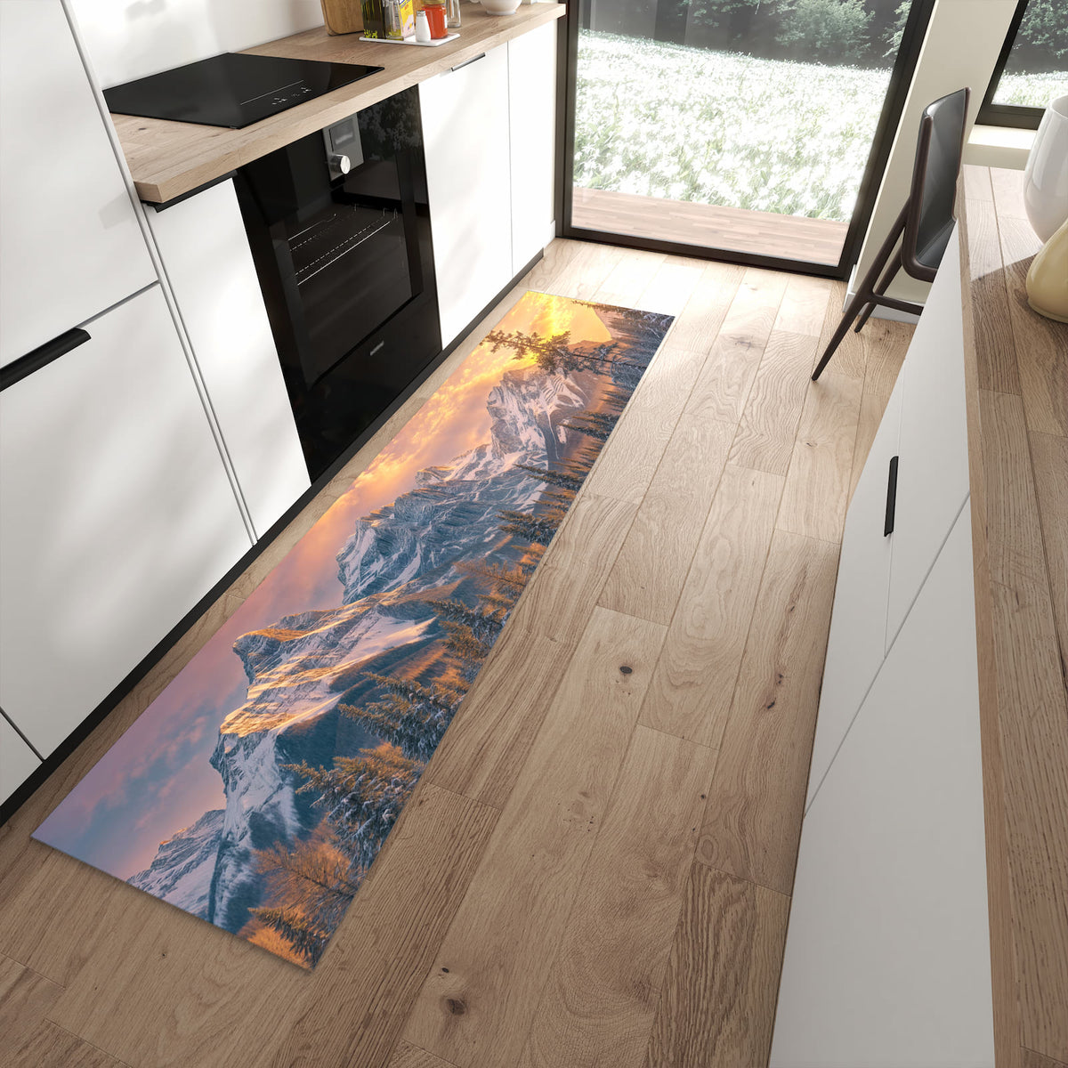 Strapazierfähiger Küchenläufer mit Motiv Berglandschaft Winter in moderner Küche