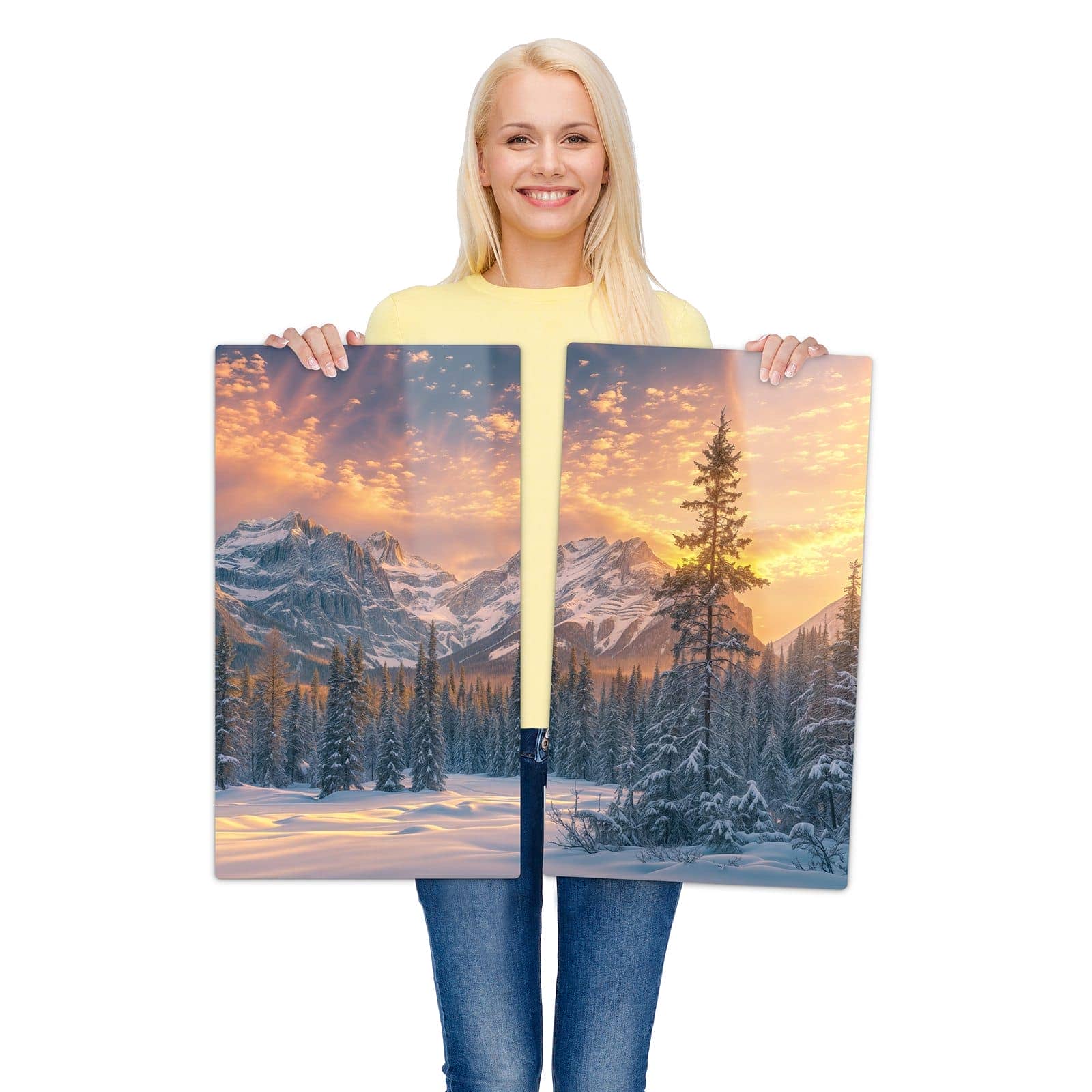 2-teilige Herdabdeckplatten für Ceranfeld mit Berglandschaft Winter-Motiv zur Größendarstellung gehalten