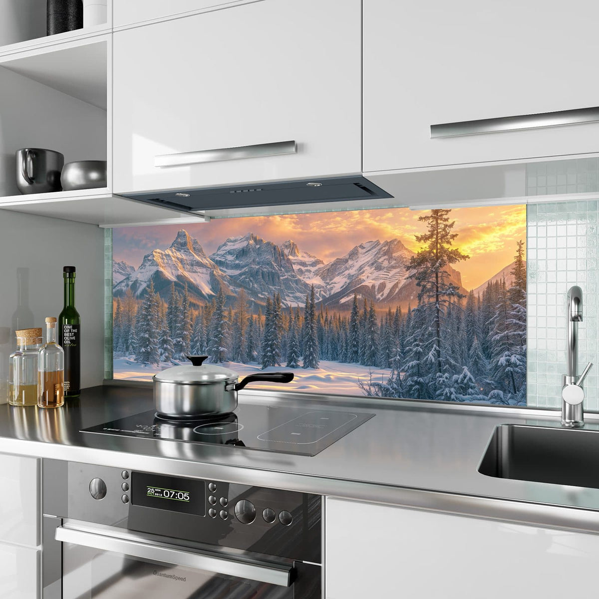 Küchenrückwand aus Glas Winterwald vor Bergen im Hochformat als Spritzschutz hinter dem Kochfeld, über dem Fliesenspiegel montiert