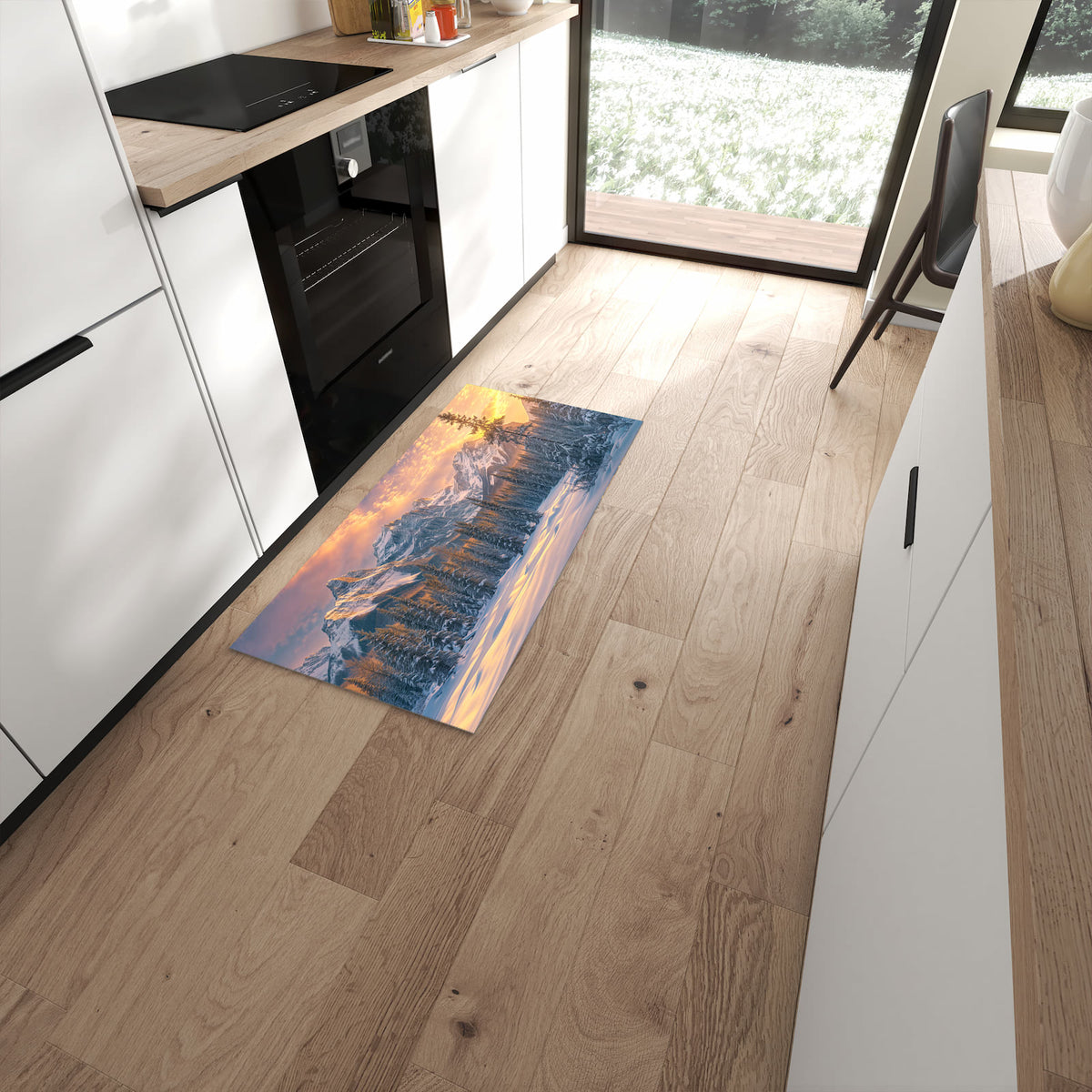 Pflegeleichter Küchenteppich mit Motiv Berglandschaft Winter in moderner Küche #grösse_60 x 120 cm