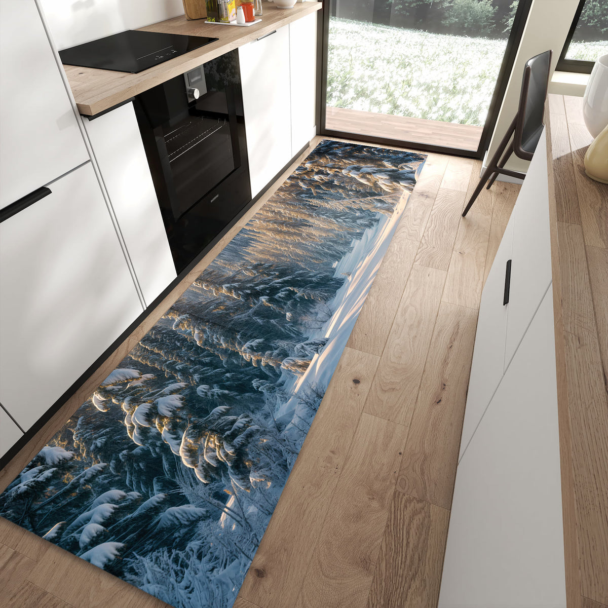 Pflegeleichter Teppich für die Küche mit Motiv Winterlandschaft in moderner Küche