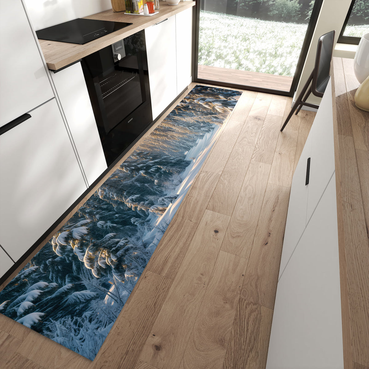 Fleckenresistenter abwaschbarer Küchenteppich mit Motiv Winterlandschaft in moderner Küche