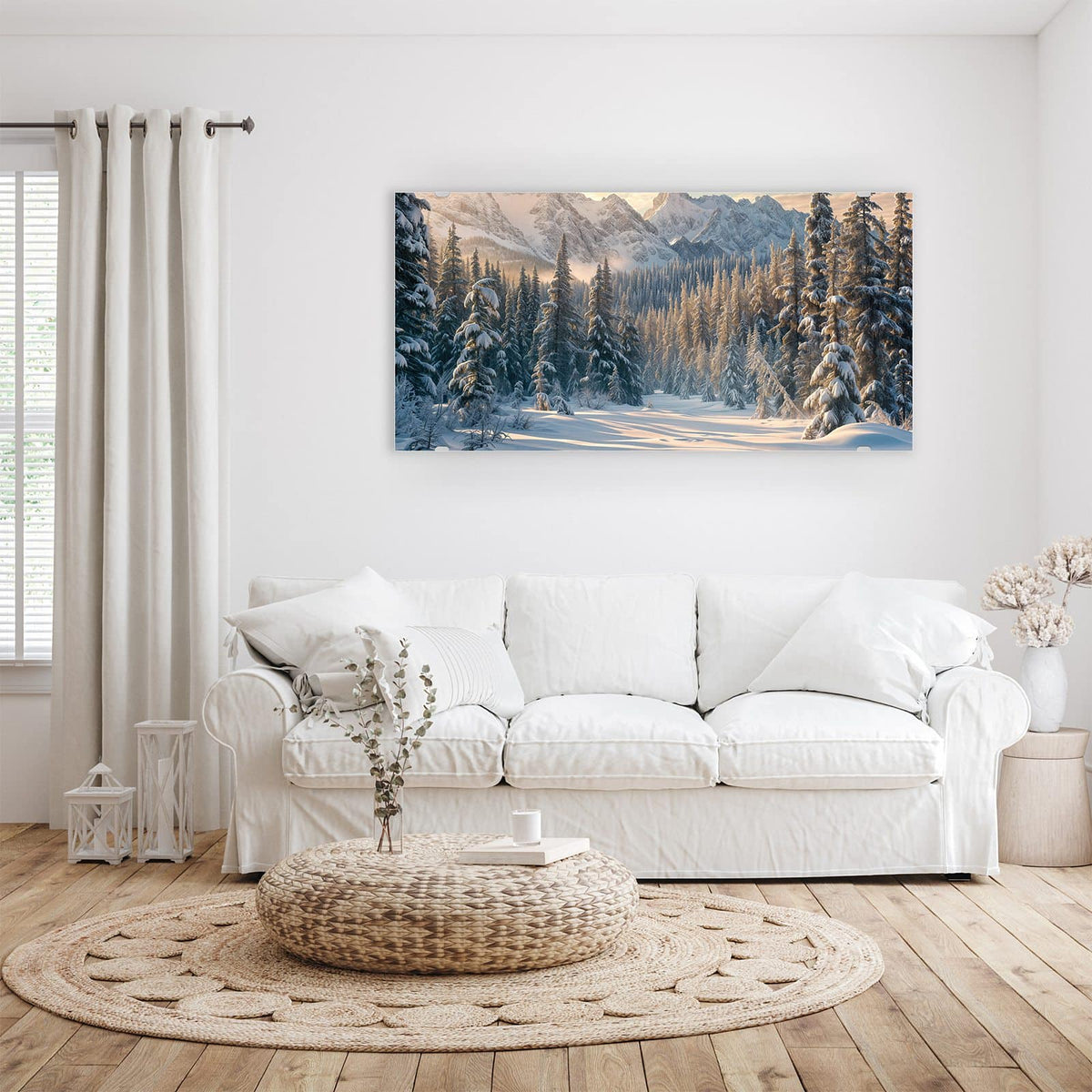 Wandbild - Verschneiter Tannenwald - Querformat – Glitzernder Schnee auf Tannen und Gipfeln