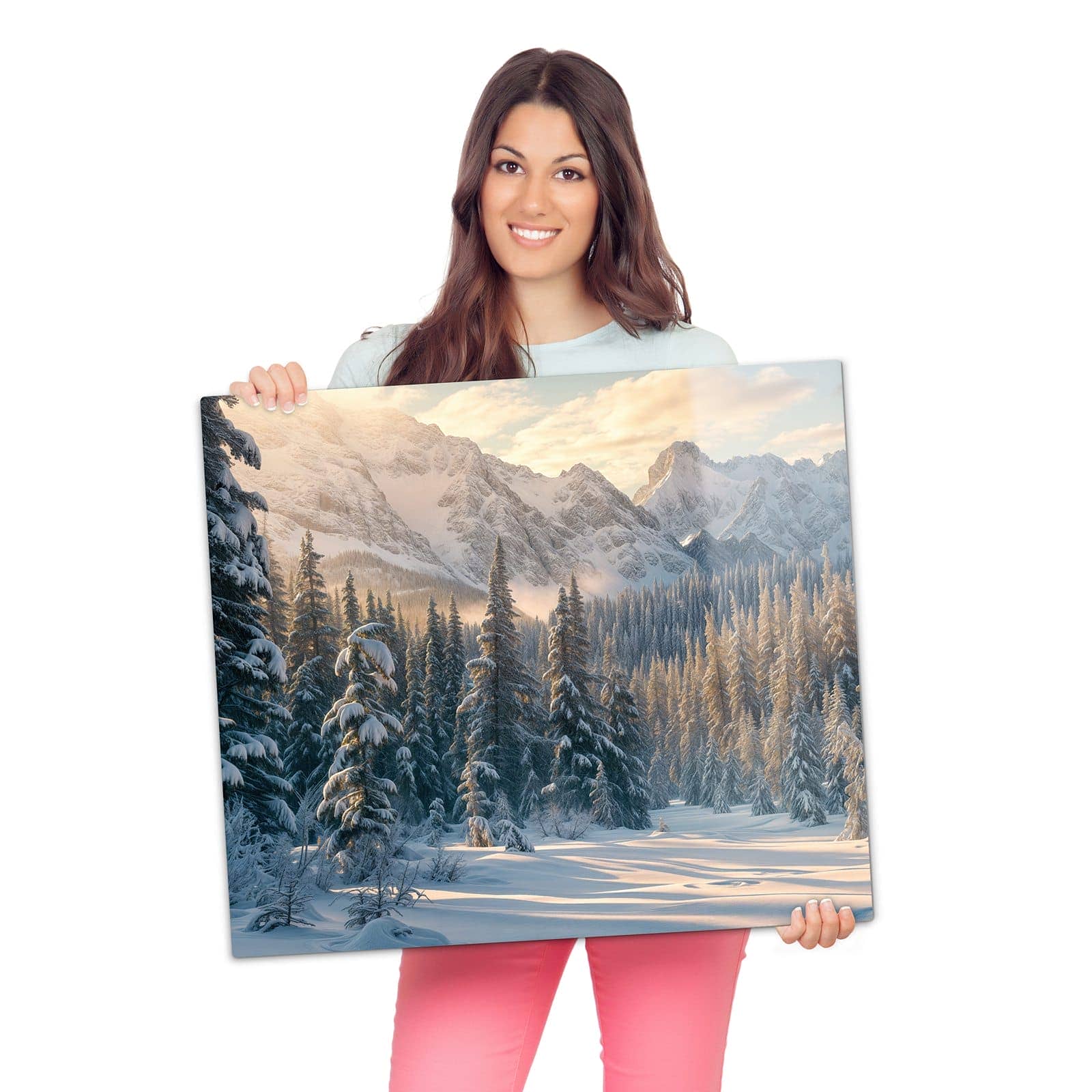 Abdeckplatte für Induktionsherd mit Winterlandschaft-Motiv wird zur Größendarstellung gehalten