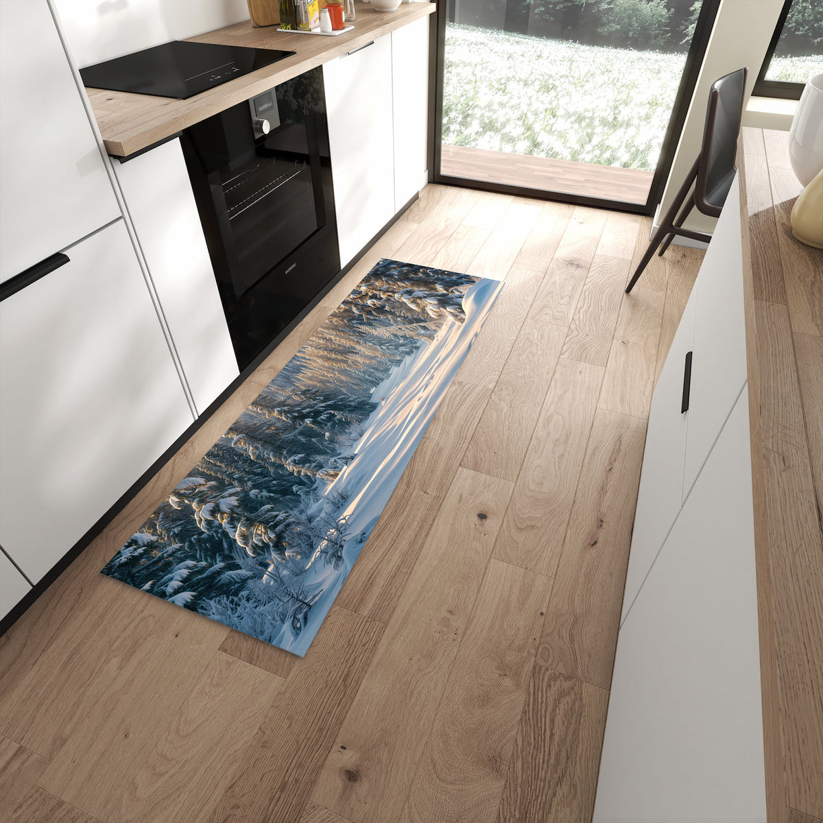 UV-beständiger Küchenläufer mit Motiv Winterlandschaft in moderner Küche - waschbar