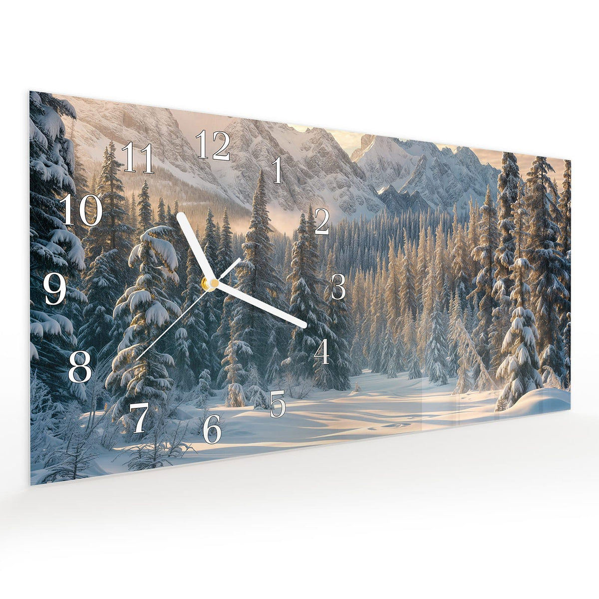 Vormontiert – mit Schwebeeffekt – Wanduhr Winterlandschaft aus Glas – Querformat 60 × 30 cm