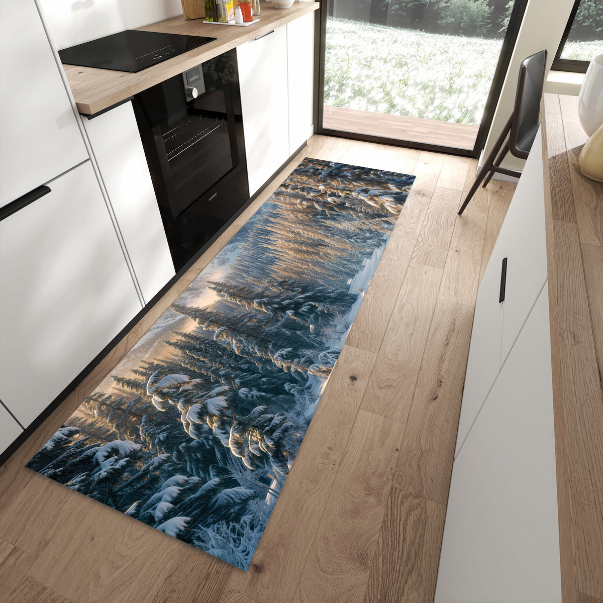 Langlebiger Küchenteppich mit Motiv Winterlandschaft in moderner Küche