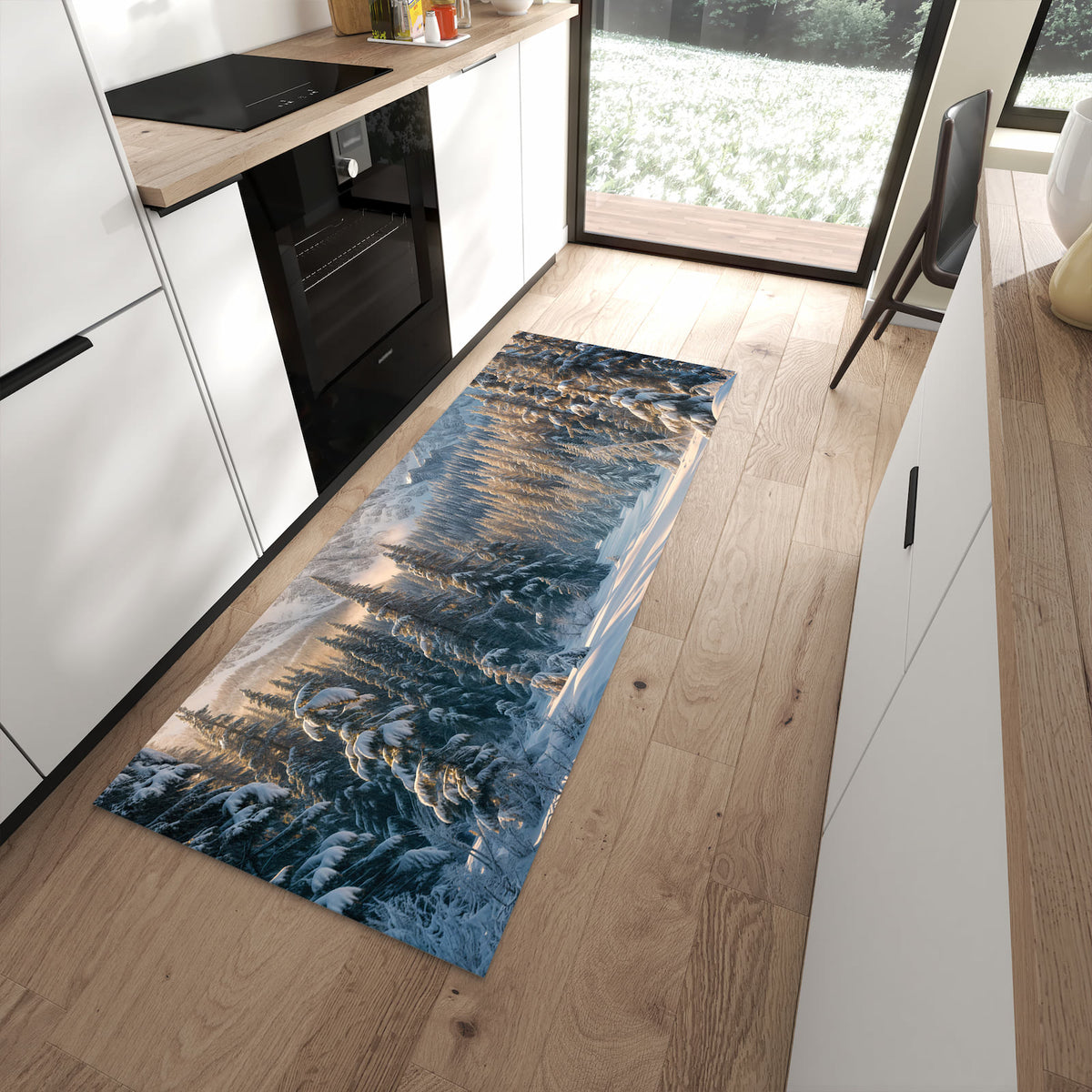 Geruchsneutraler Küchenteppich mit Motiv Winterlandschaft in moderner Küche