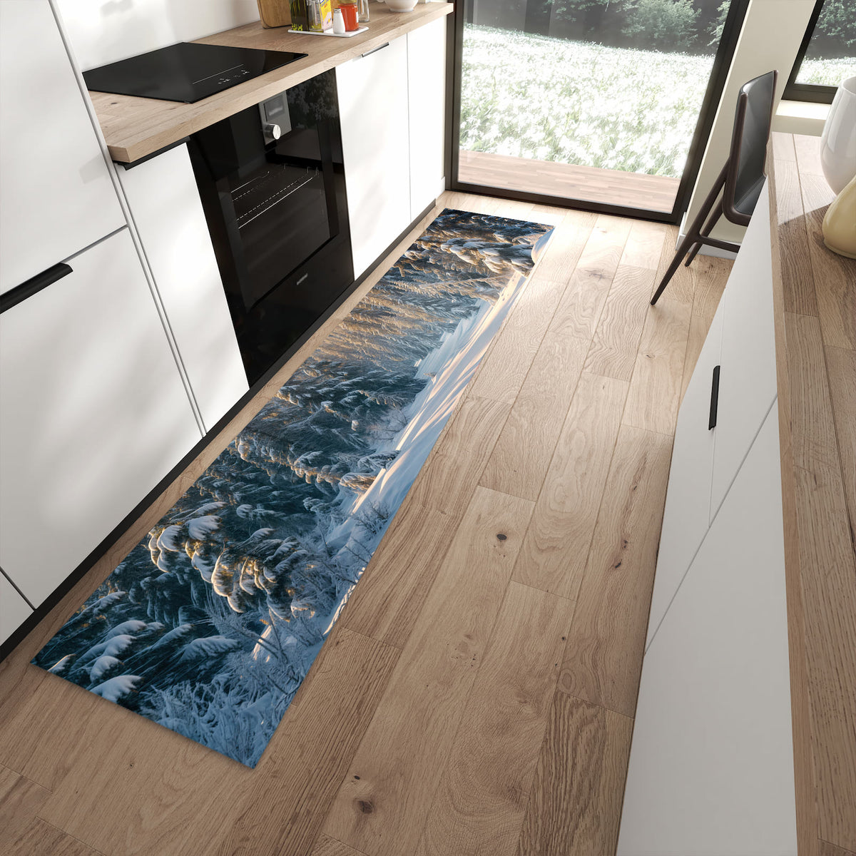 Wasserabweisender Küchenläufer mit Motiv Winterlandschaft in moderner Küche