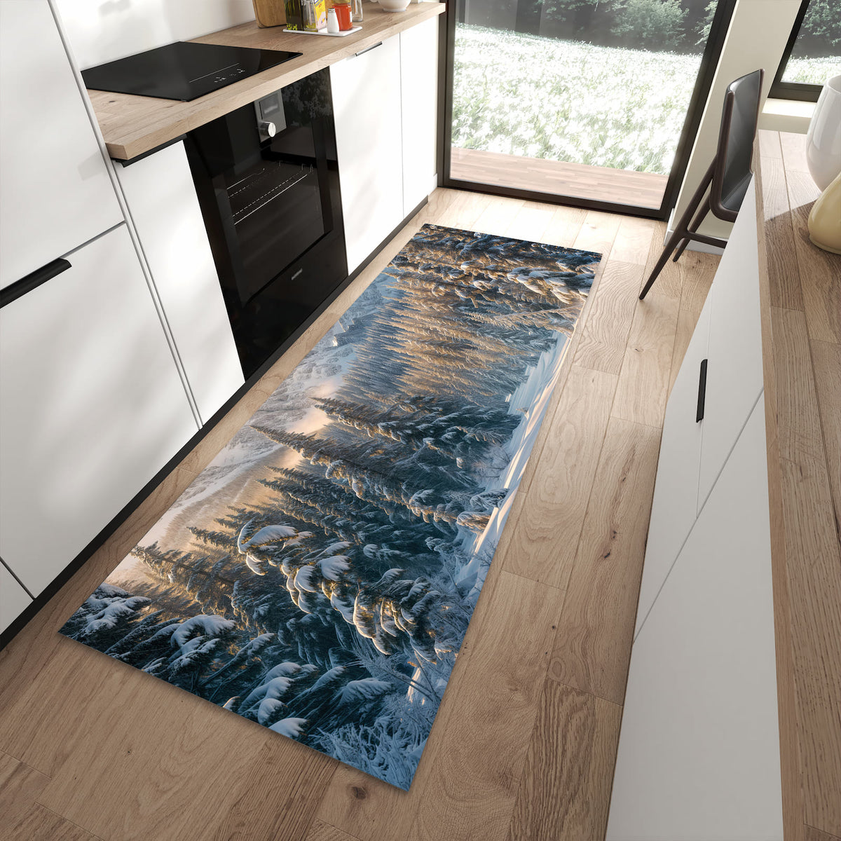 Rutschfester Küchenteppich mit Motiv Winterlandschaft in moderner Küche