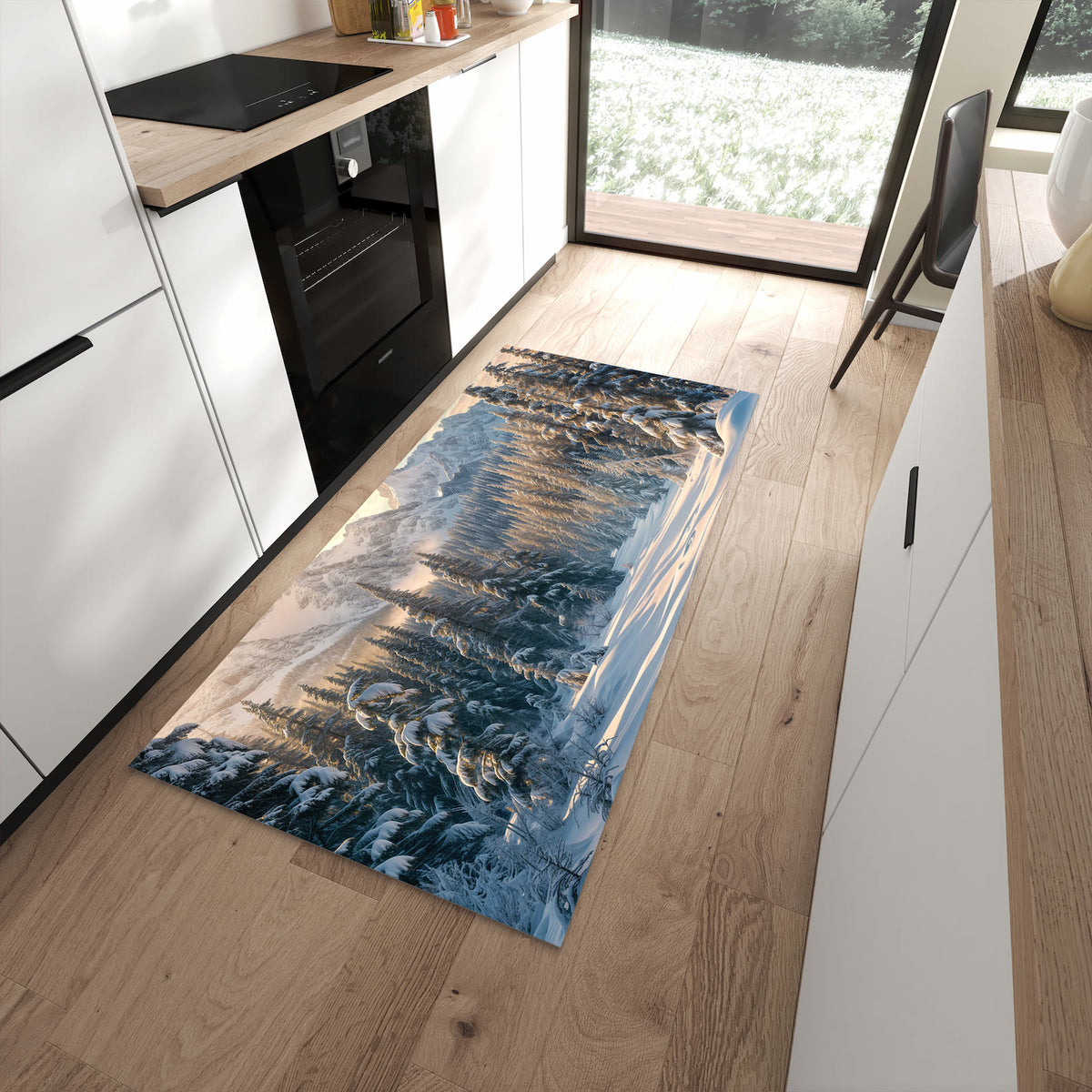 Komfortabler Küchenteppich mit Motiv Winterlandschaft in moderner Küche