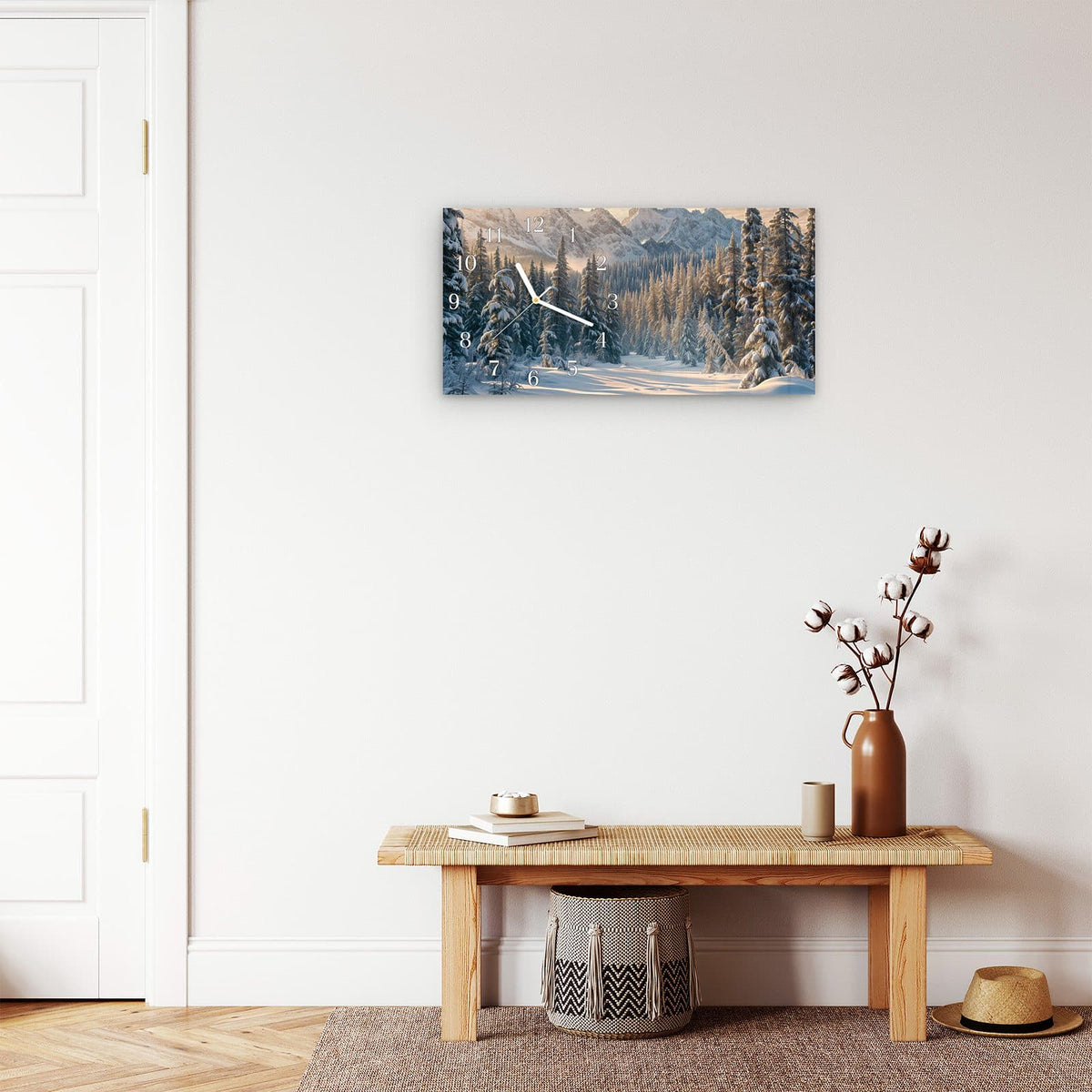Moderne Wanduhr aus Glas mit Farbtiefe – Wanduhr Winterlandschaft aus Glas – Querformat 60 × 30 cm