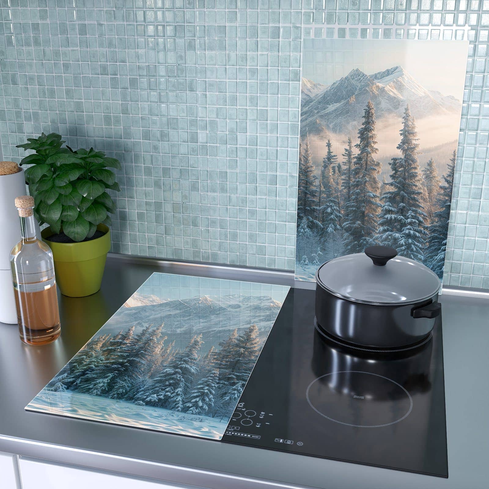 2-teilige Glasplatte für Herd mit Schneebedeckte Berge-Motiv als Spritzschutz hinter dem Kochfeld