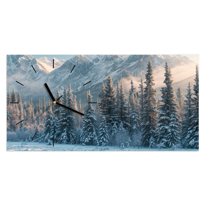 Wanduhr Schneebedeckte Berge aus Glas – Querformat 60 × 30 cm mit Ziffernblatt Linie