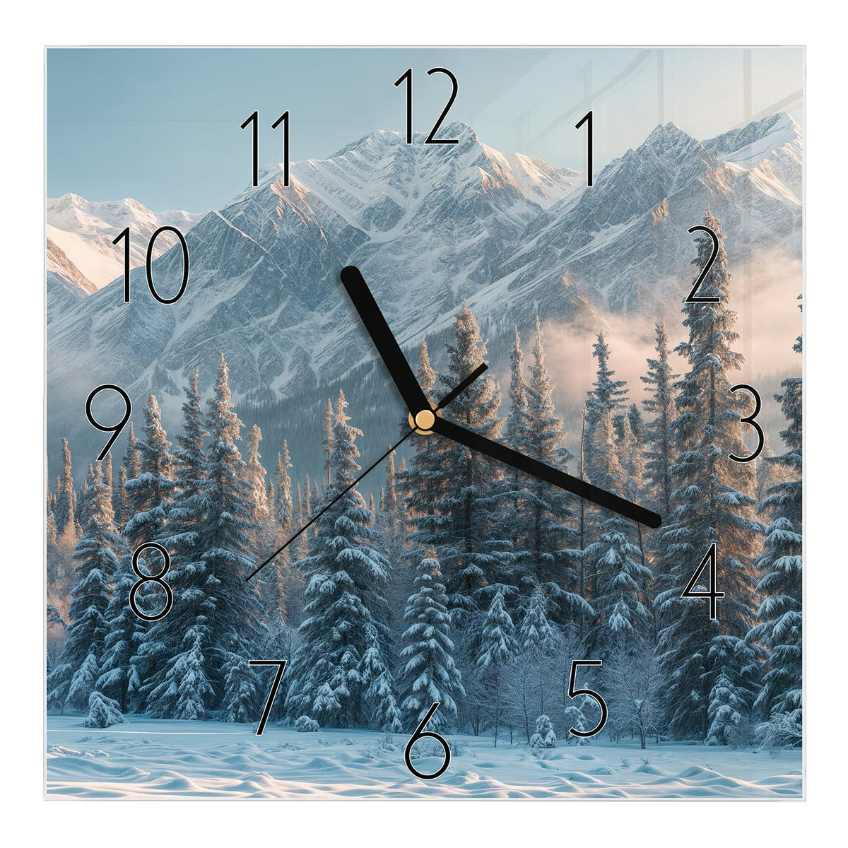 Wanduhr aus Glas, Ziffernblatt Elegant mit Motiv Schneebedeckte Berge: Verschneite Tannen vor einer sonnenbeschienenen Gebirgskette #ziffernblatt_Elegant