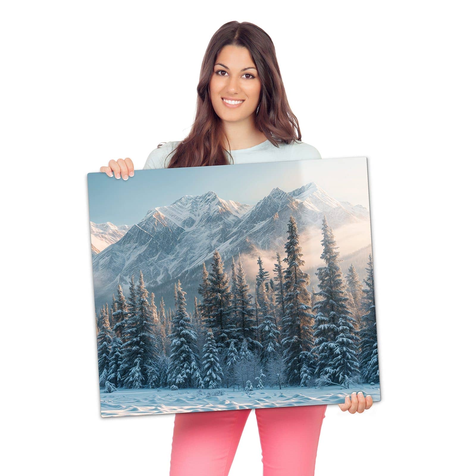 Ceranfeldabdeckung mit Schneebedeckte Berge-Motiv wird zur Größendarstellung gehalten