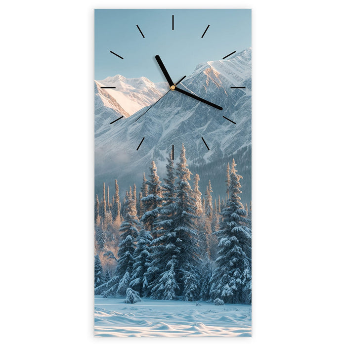 Wanduhr Schneebedeckte Berge aus Glas – Hochformat 30 × 60 cm mit Ziffernblatt Linie