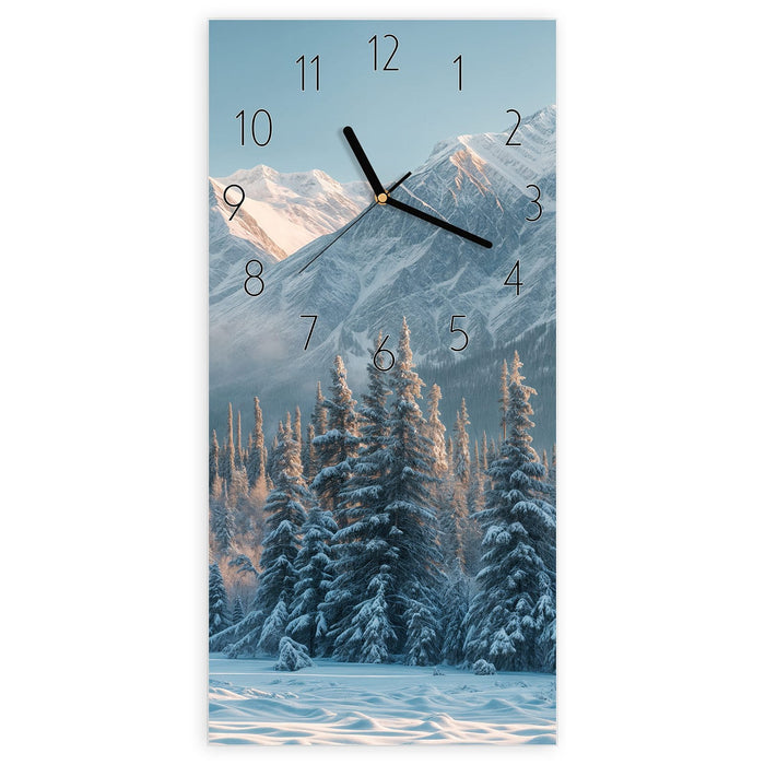 Wanduhr Schneebedeckte Berge aus Glas – Hochformat 30 × 60 cm mit Ziffernblatt Elegant