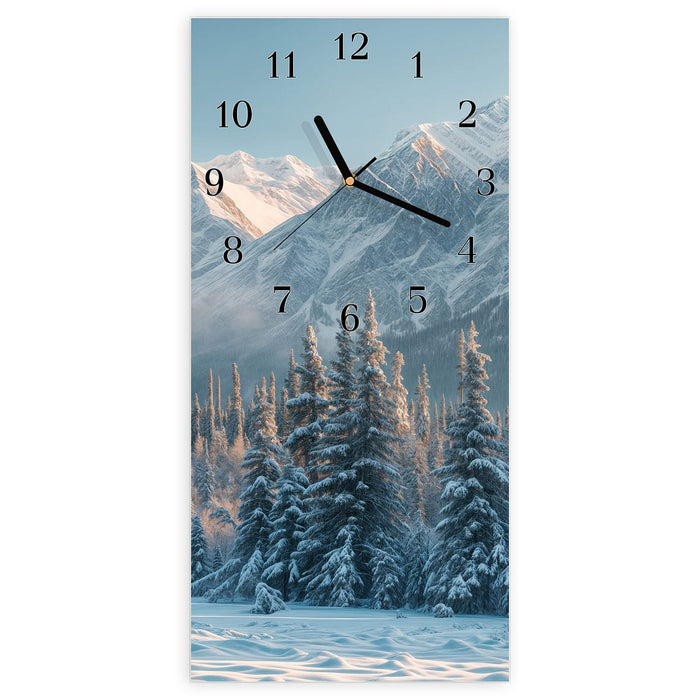 Wanduhr Schneebedeckte Berge aus Glas – Hochformat 30 × 60 cm mit Ziffernblatt Klassisch