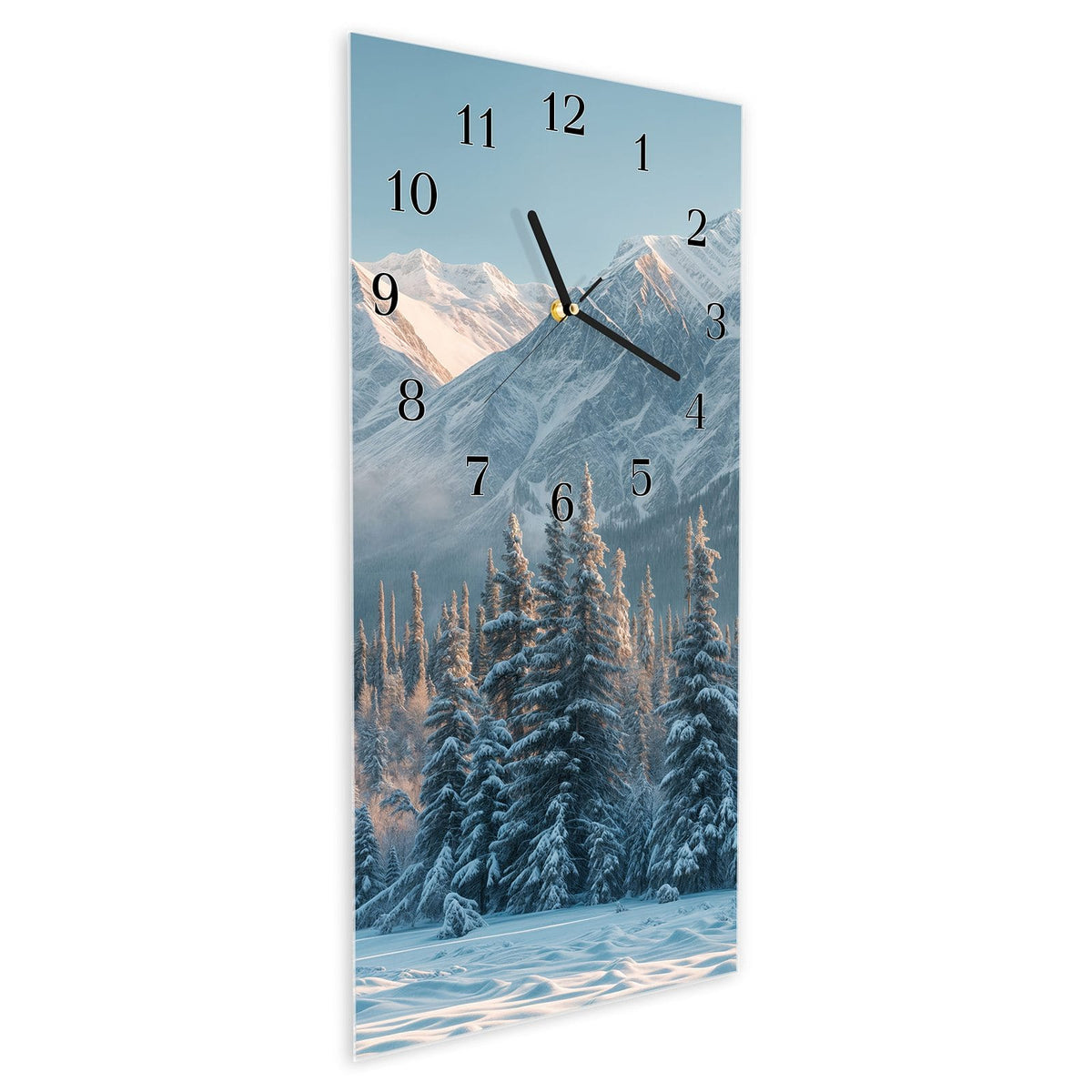 Vormontiert – mit Schwebeeffekt – Wanduhr Schneebedeckte Berge aus Glas – Hochformat 30 × 60 cm