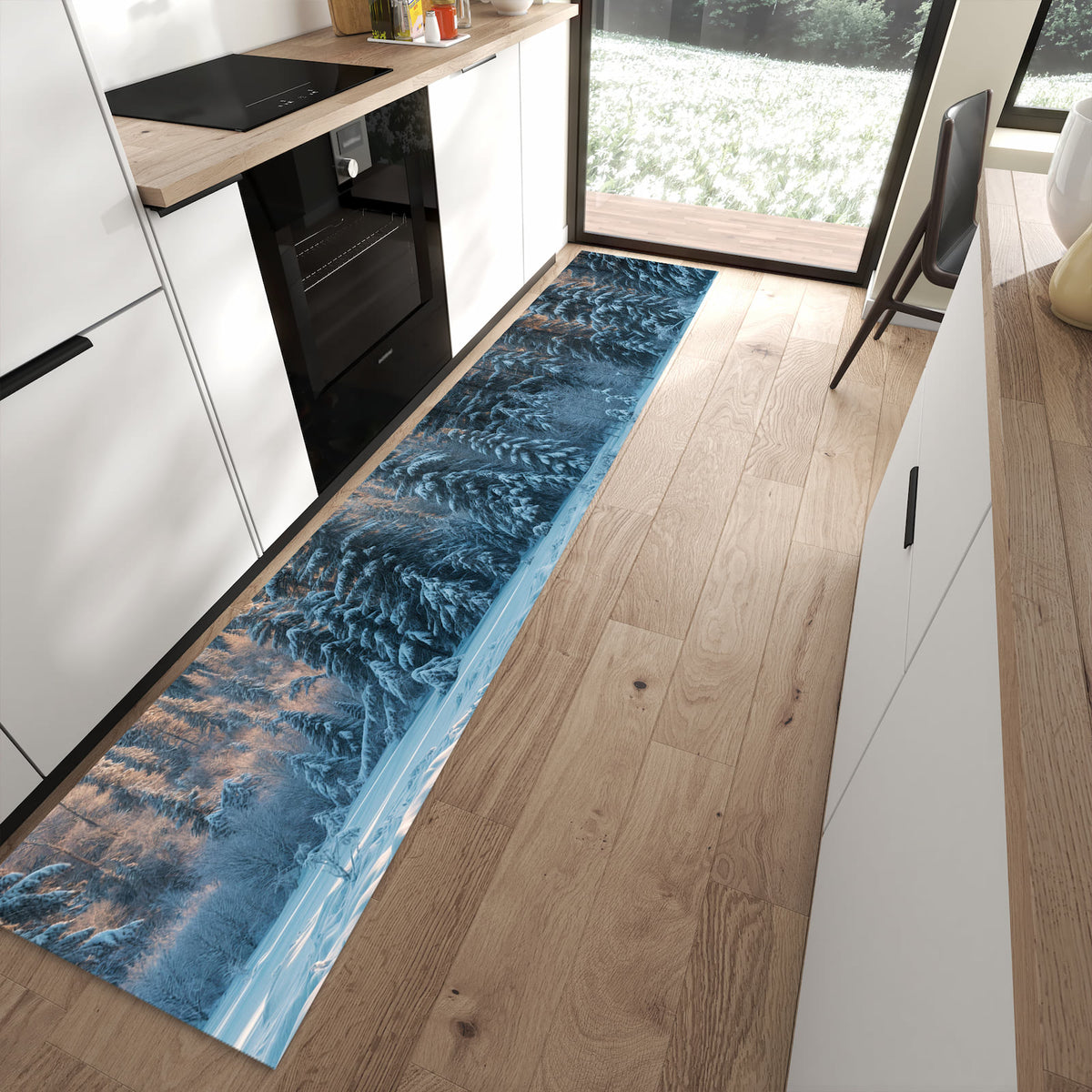 Feuchtigkeitsresistenter Küchenläufer mit Motiv Schneebedeckte Berge in moderner Küche