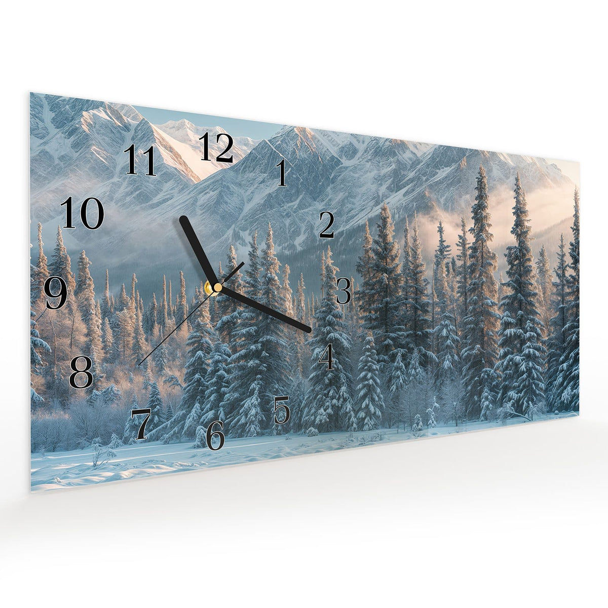Vormontiert – mit Schwebeeffekt – Wanduhr Schneebedeckte Berge aus Glas – Querformat 60 × 30 cm