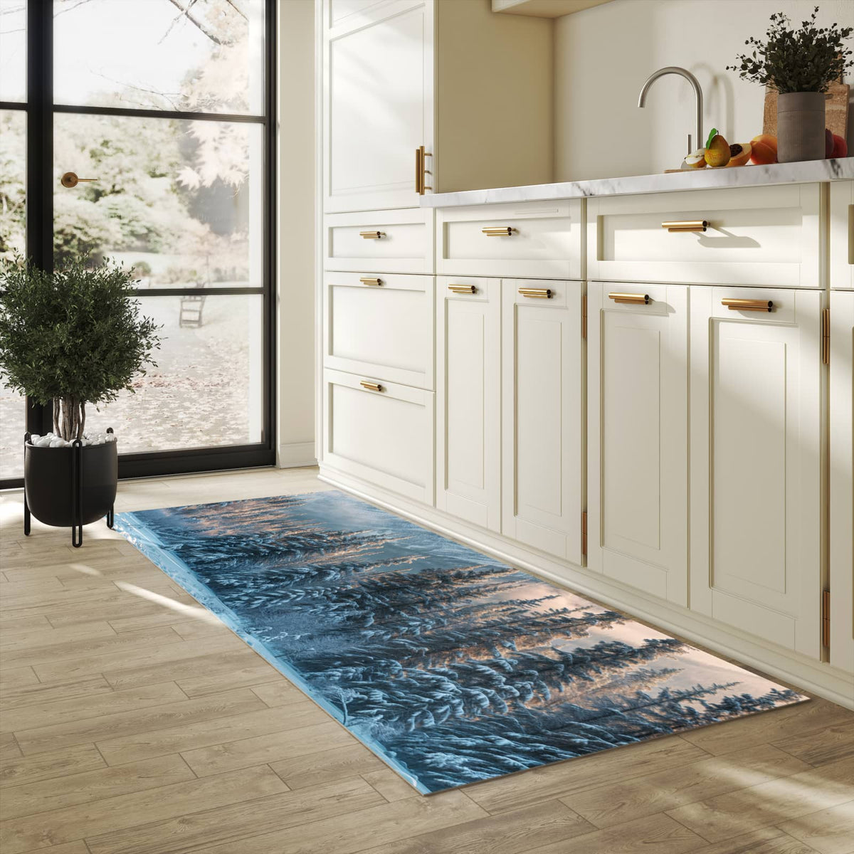 Flacher rutschfester Küchenteppich mit Motiv Schneebedeckte Berge in heller Küche