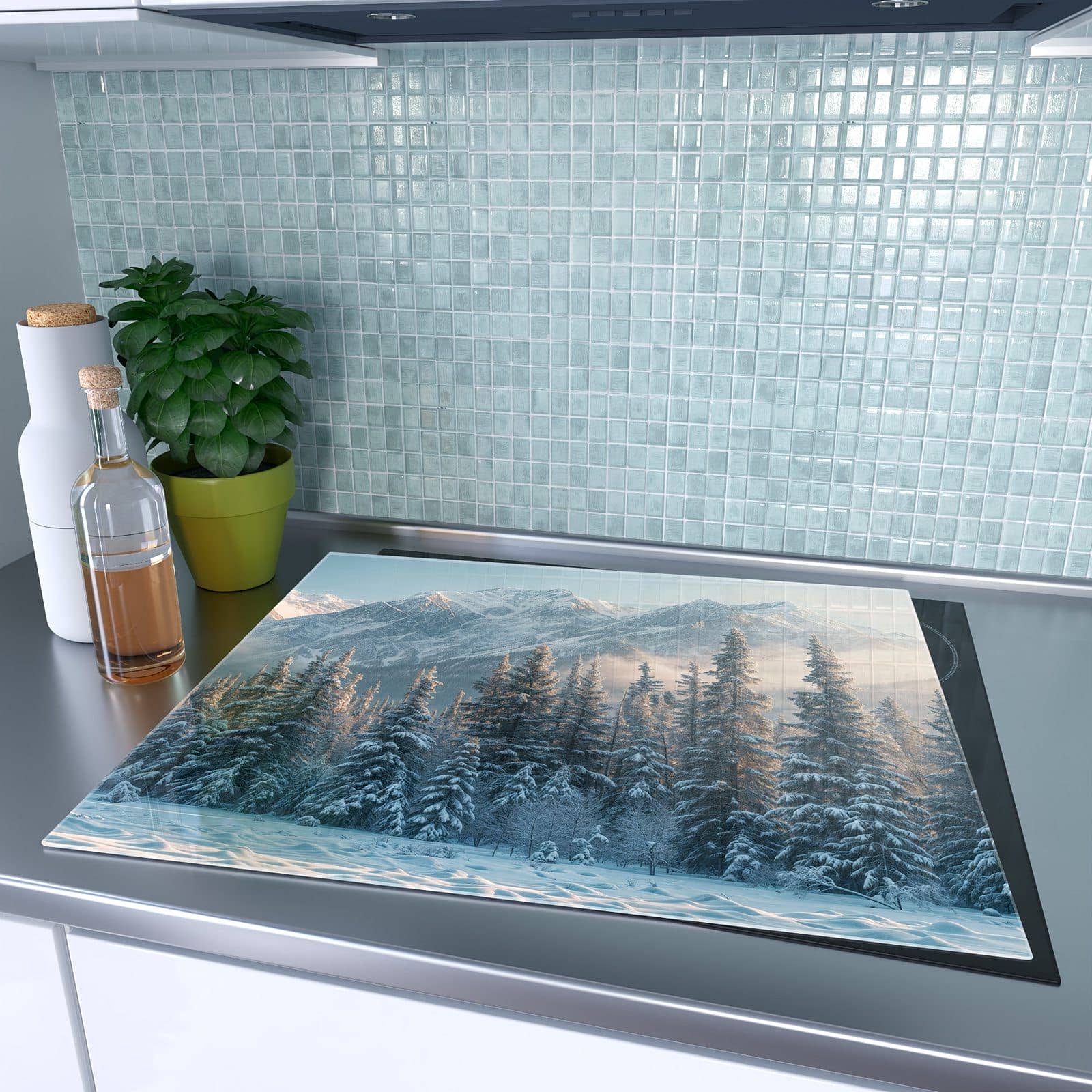 1-teilige Herdabdeckplatte aus Glas mit Schneebedeckte Berge-Motiv auf dem Ceranfeld