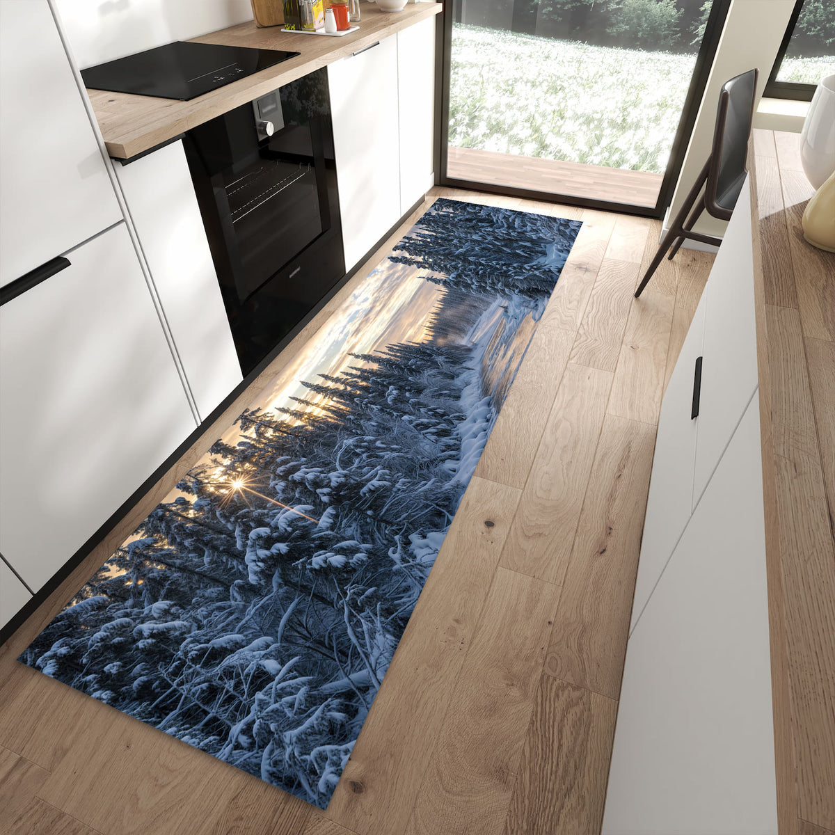 Komfortabler waschbarer Küchenteppich mit Motiv Winterflusswald in moderner Küche