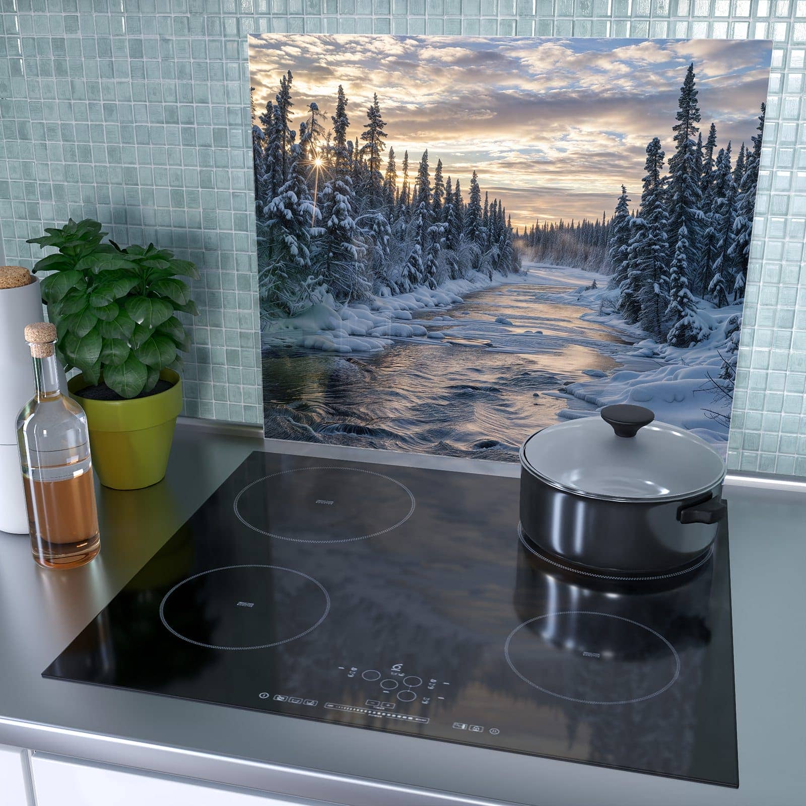 1-teilige Herdabdeckplatten aus Glas mit Winterflusswald-Motiv als Spritzschutz hinter dem Kochfeld
