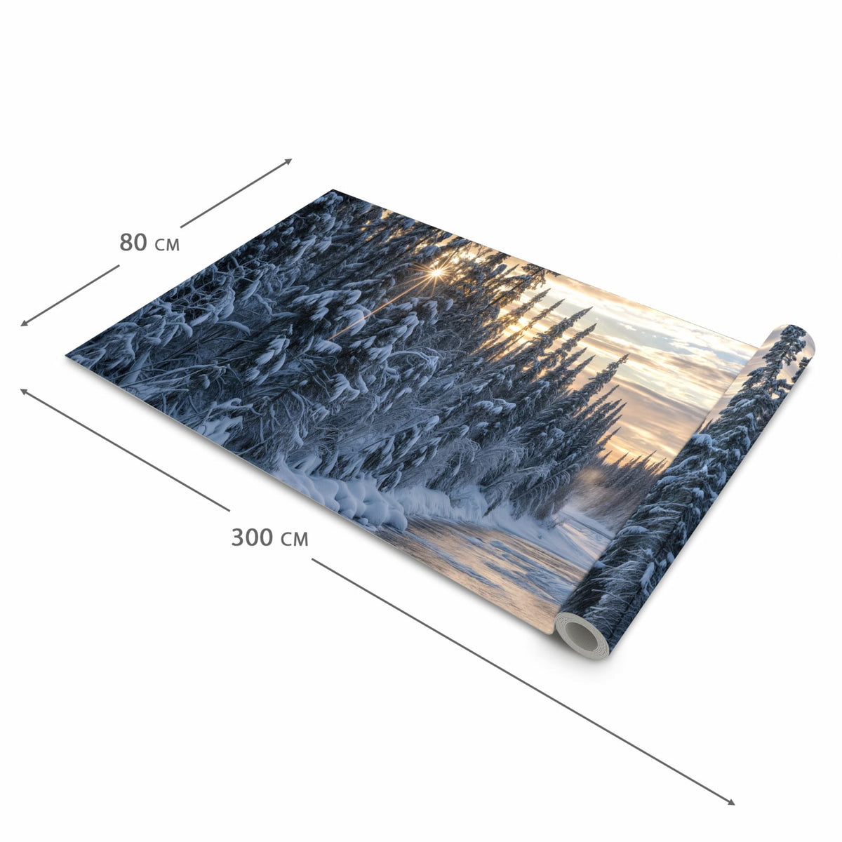 Geruchsneutraler langer Teppich Flur mit Motiv Winterflusswald in der Grösse 80x300 cm
