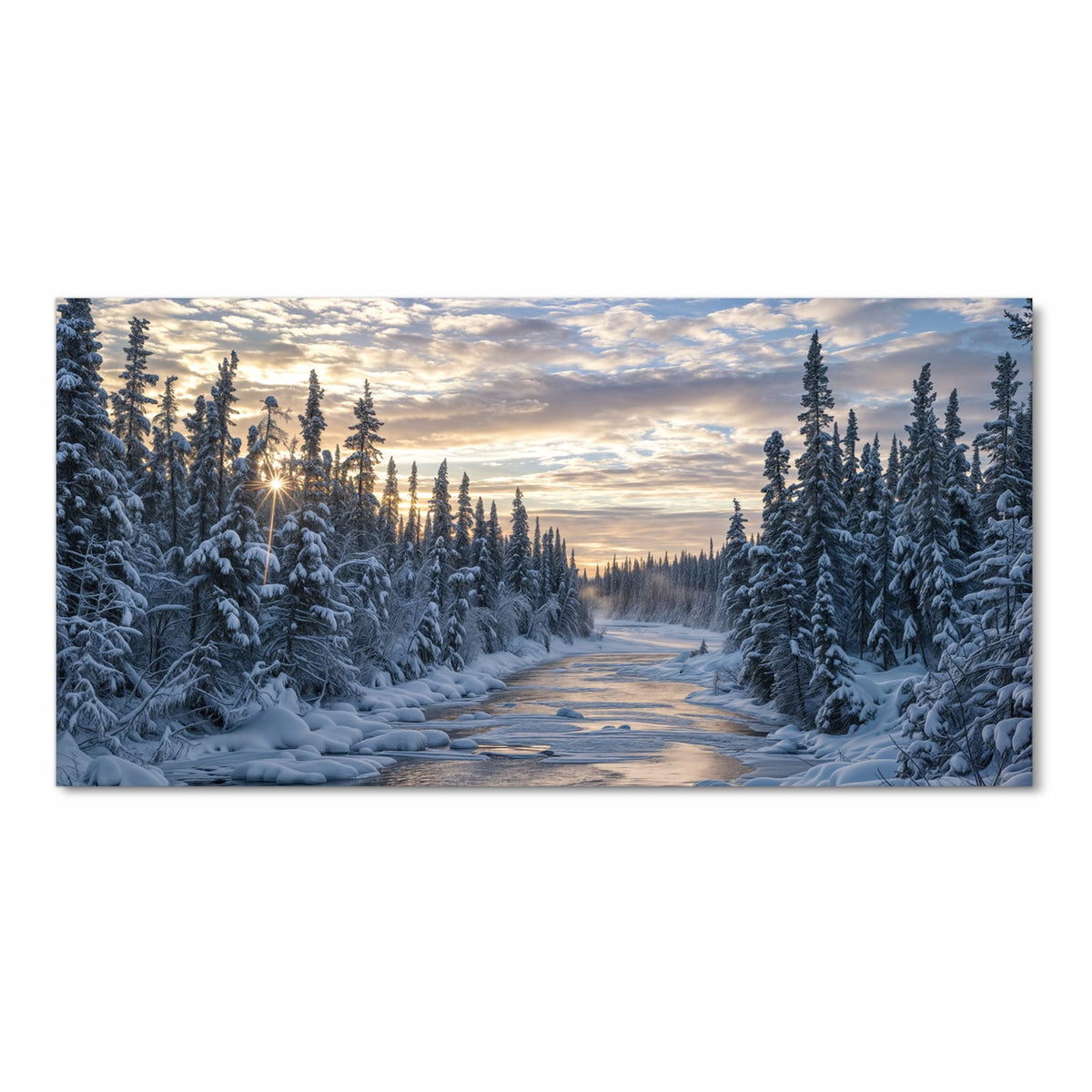 Strapazierfähiger waschbarer Küchenläufer mit Motiv Winterflusswald in Frontansicht