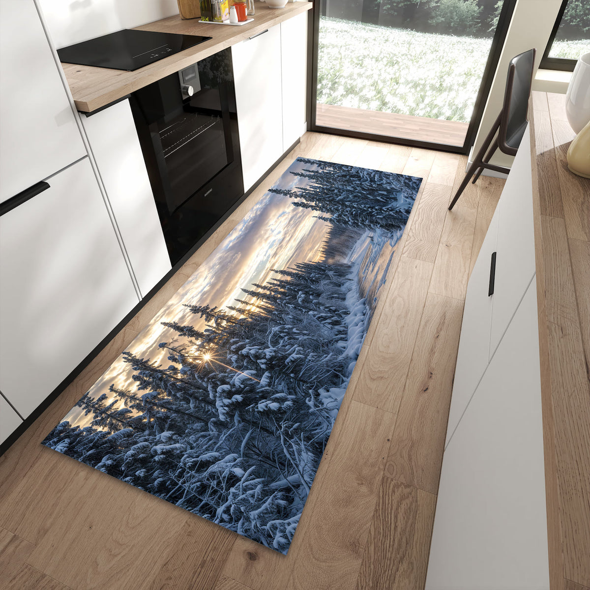 Küchenteppich mit Motiv Winterflusswald für angenehme Haptik in moderner Küche
