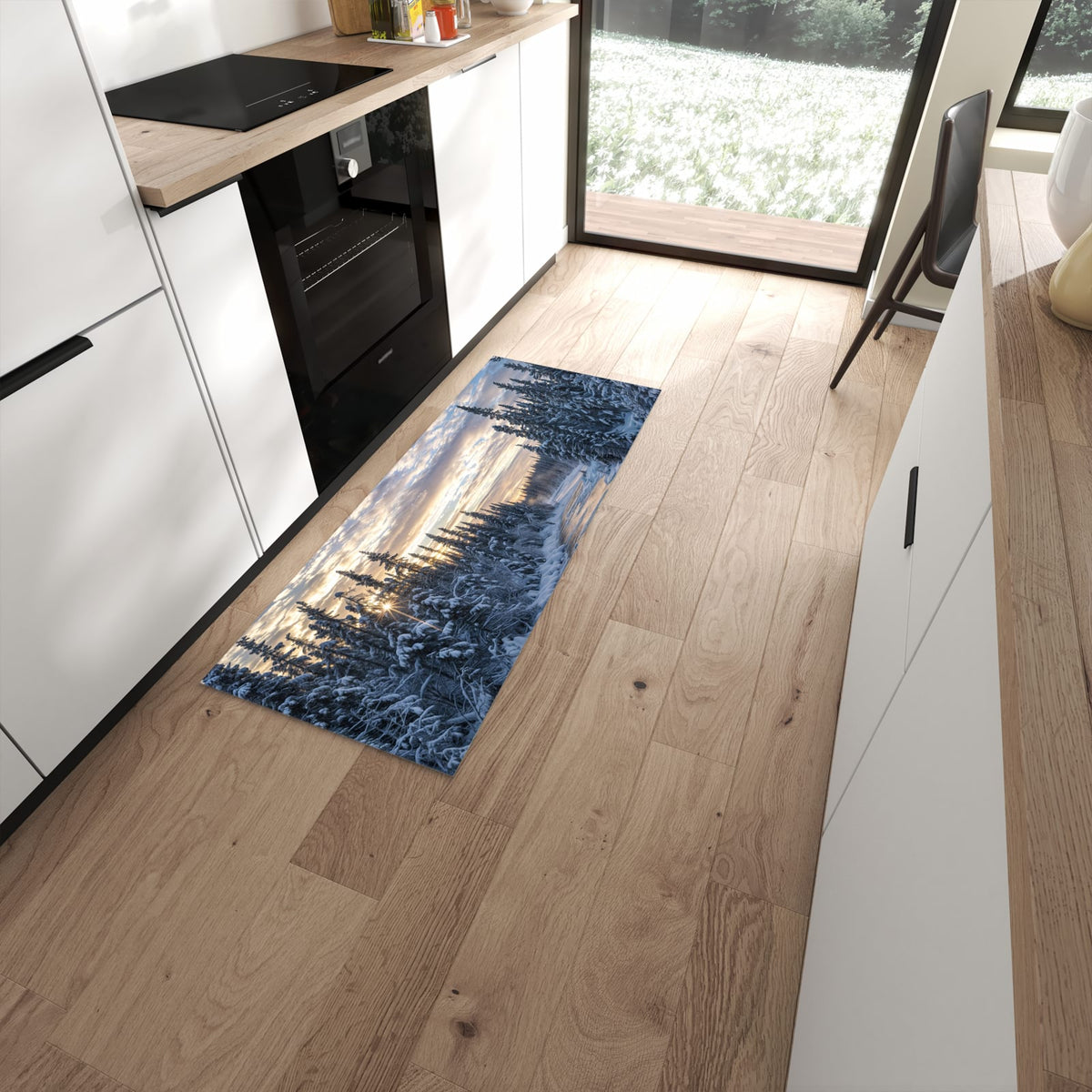 Rutschfester Küchenteppich mit Motiv Winterflusswald für Trittkomfort in moderner Küche #grösse_60 x 150 cm