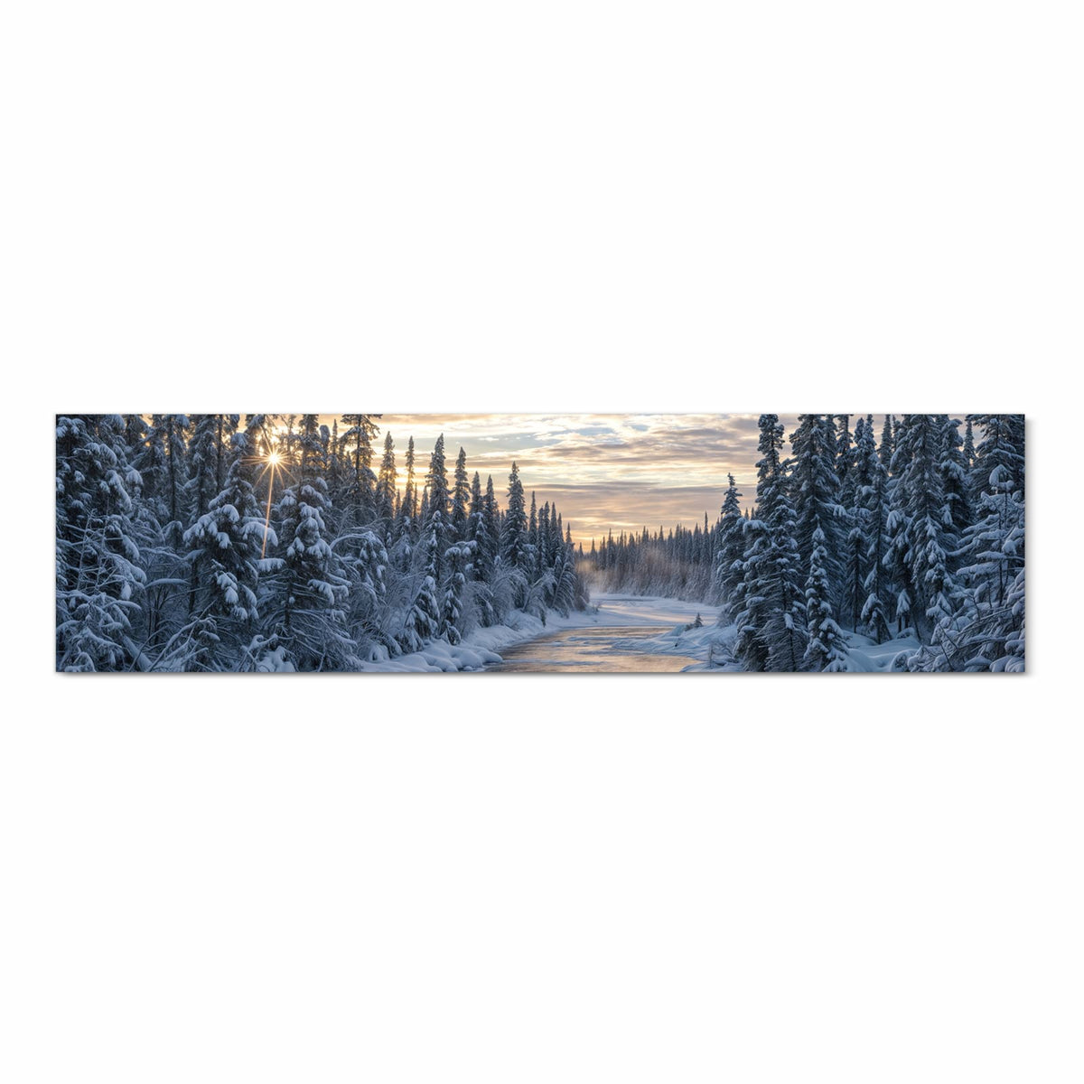 Formstabiler Küchenteppich mit Motiv Winterflusswald in Frontansicht