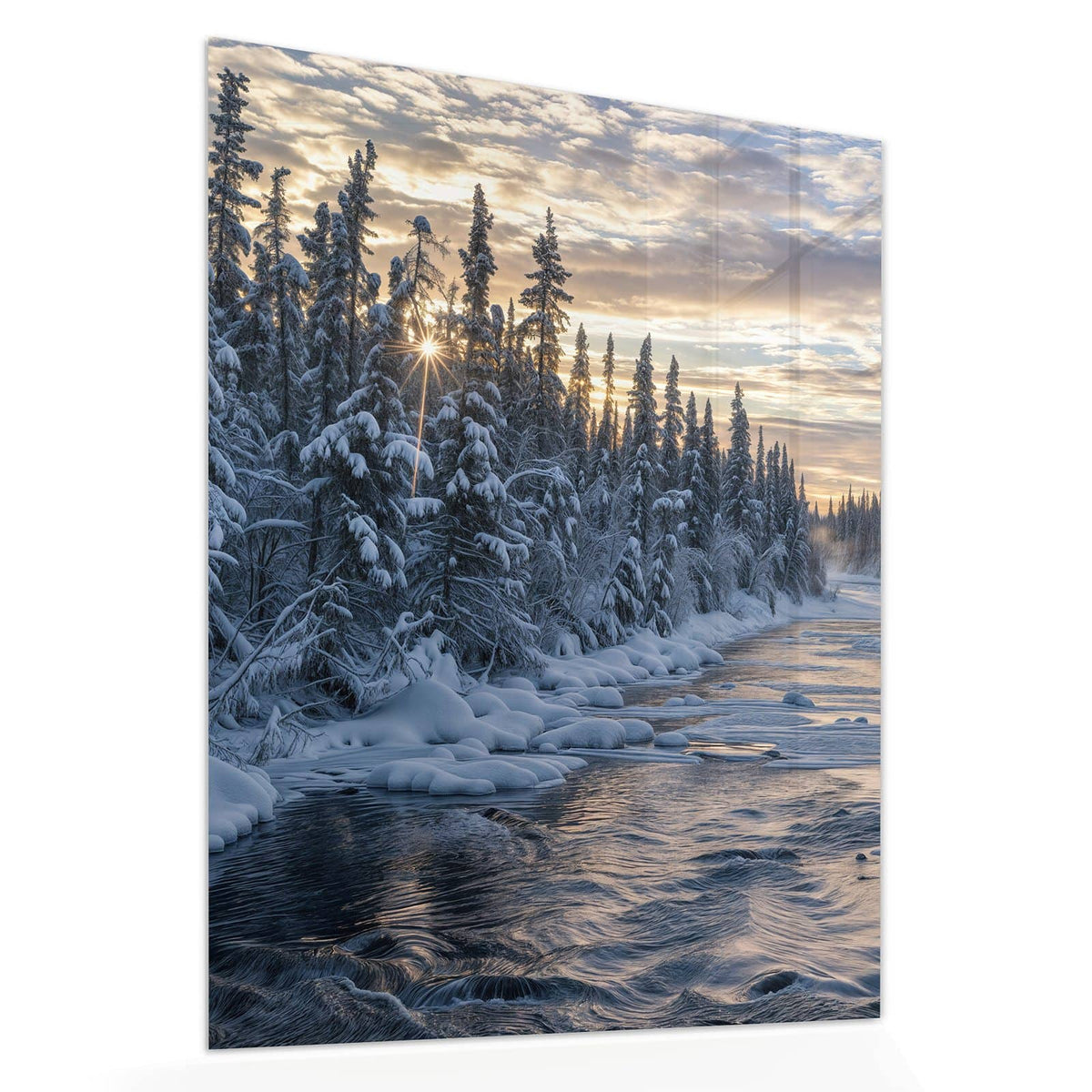Echtglas, 4 mm – kein Acryl, keine Folie – Wandbild - Fluss zwischen Tannen - Hochformat