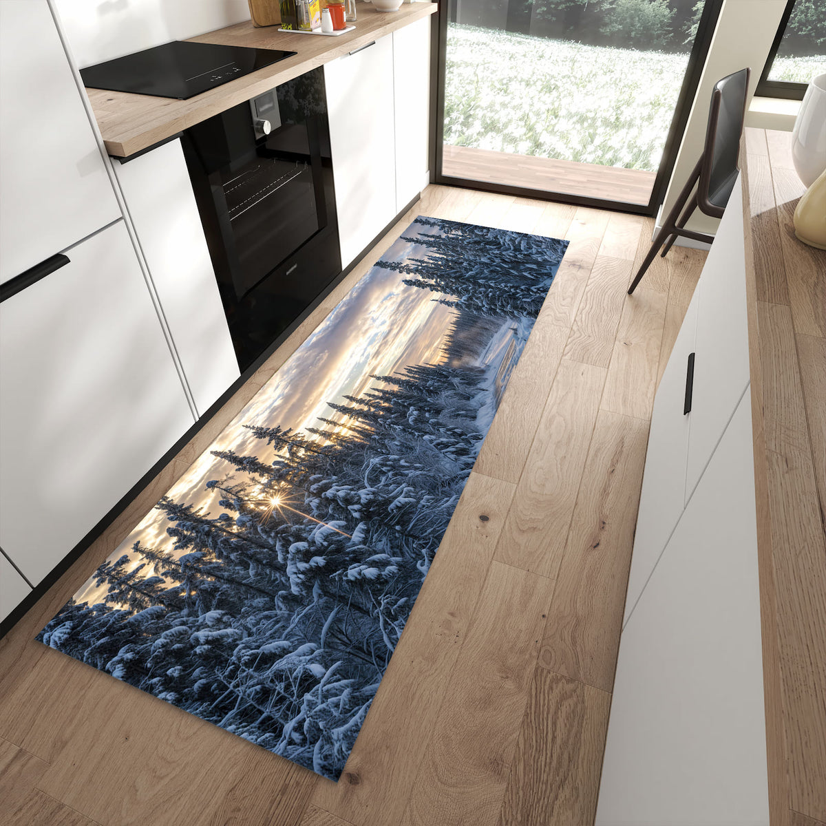 Pflegeleichter Küchenteppich mit Motiv Winterflusswald in moderner Küche