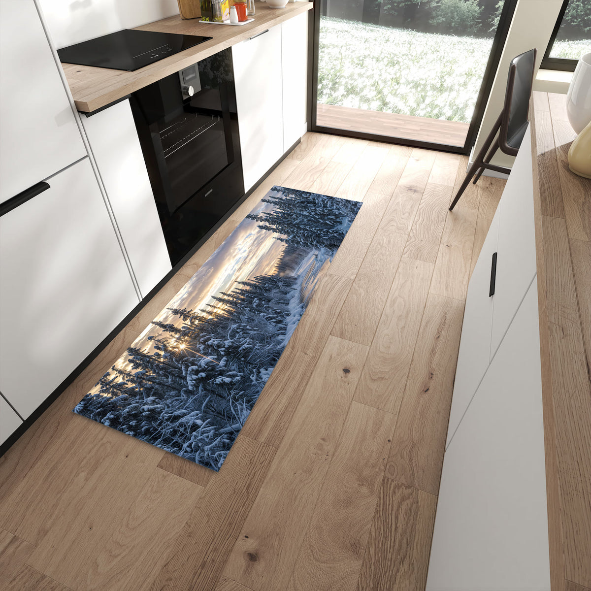 Waschbarer dünner Küchenteppich mit Motiv Winterflusswald in moderner Küche