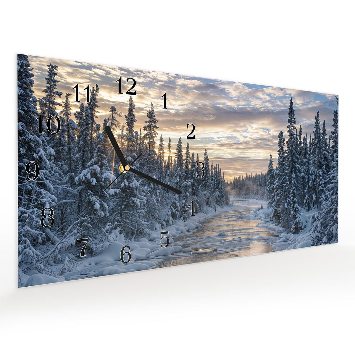 Vormontiert – mit Schwebeeffekt – Wanduhr Winterflusswald aus Glas – Querformat 60 × 30 cm