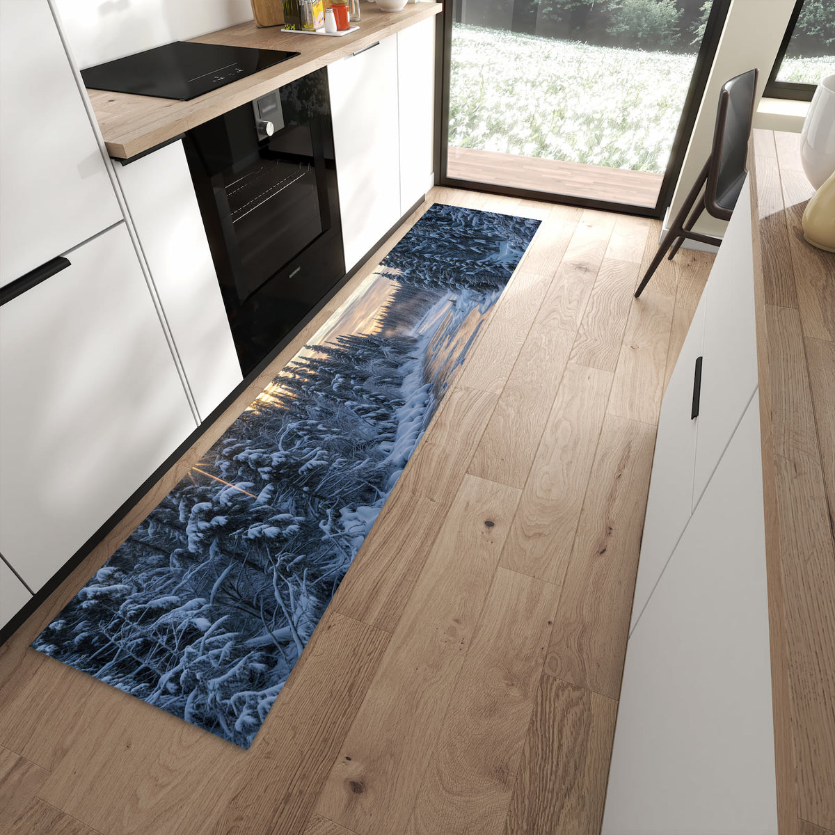 Schmutzabweisender Teppich für Esstisch mit Motiv Winterflusswald in moderner Küche