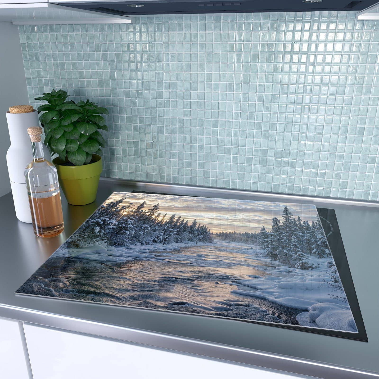 1-teilige Abdeckplatten für Ceranfeld mit Winterflusswald-Motiv auf dem Ceranfeld
