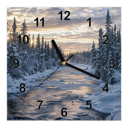 Wanduhr Quadratisch mit dem Motiv Fluss zwischen Tannen