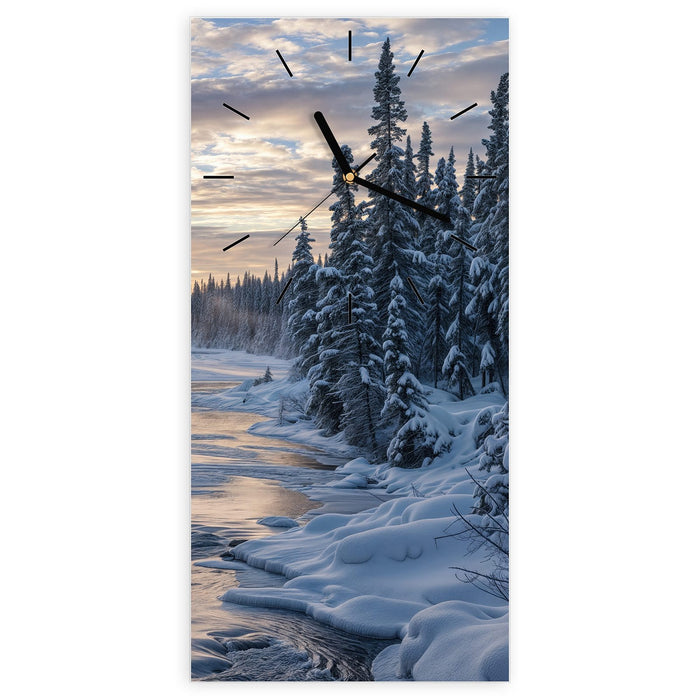 Wanduhr Winterflusswald aus Glas – Hochformat 30 × 60 cm mit Ziffernblatt Linie