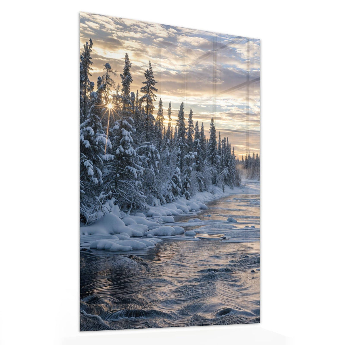 11 Größen – von 30 × 60 bis 60 × 150 cm – Wandbild - Fluss zwischen Tannen - Hochformat