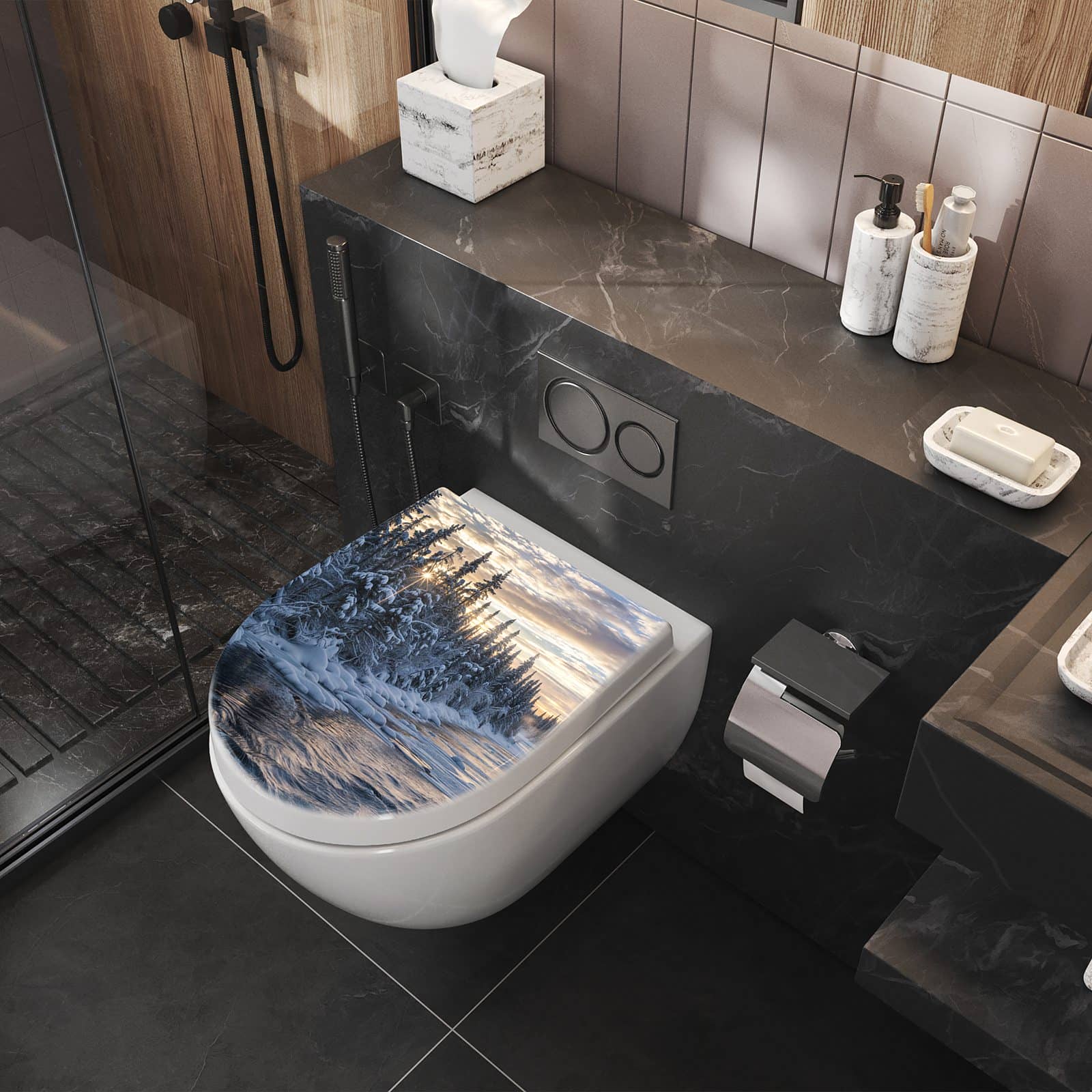 WC-Sitz mit Absenkautomatik Winterflusswald