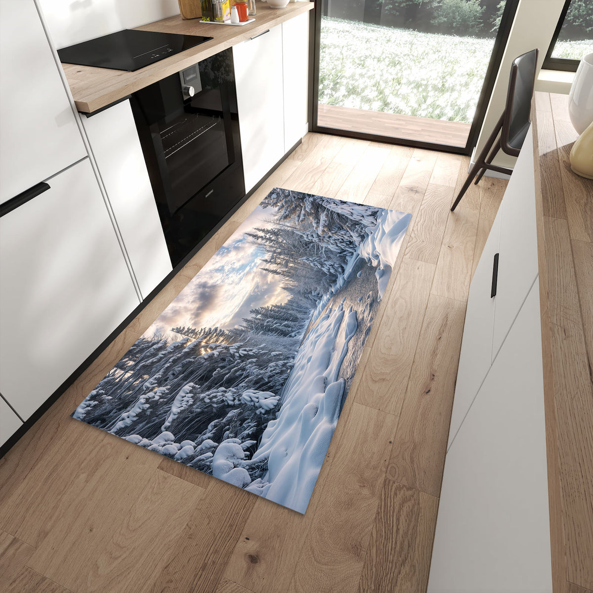Geräuschdämpfender Läufer mit Motiv Winterfluss für Eingangsbereich in moderner Küche