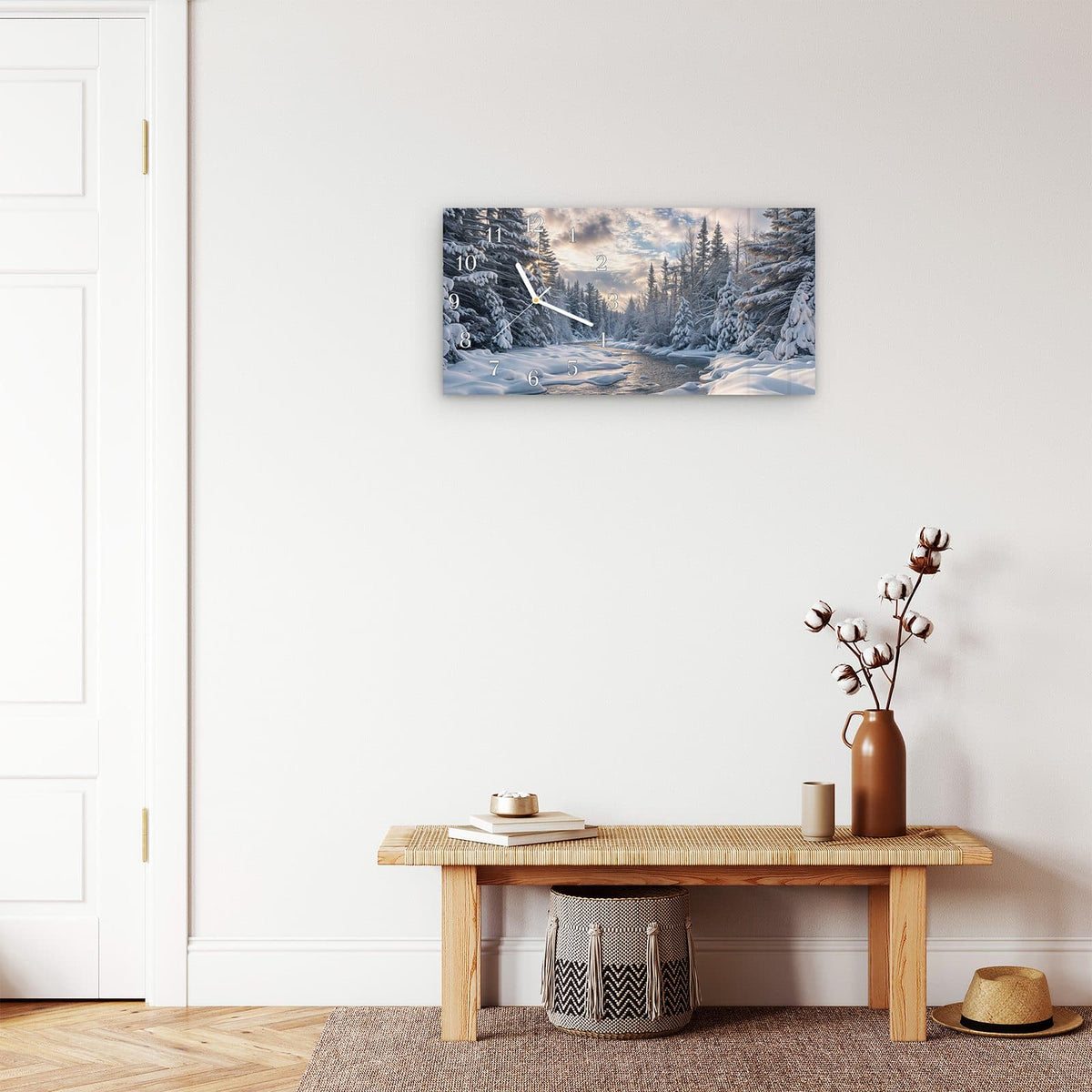Moderne Wanduhr aus Glas mit Farbtiefe – Wanduhr Winterfluss aus Glas – Querformat 60 × 30 cm