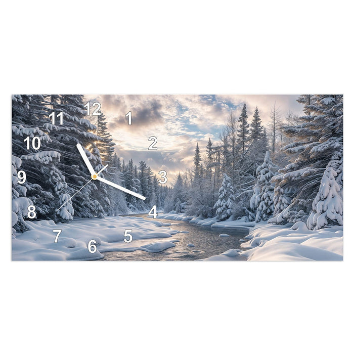 Wanduhr Winterfluss aus Glas – Querformat 60 × 30 cm mit Ziffernblatt Modern