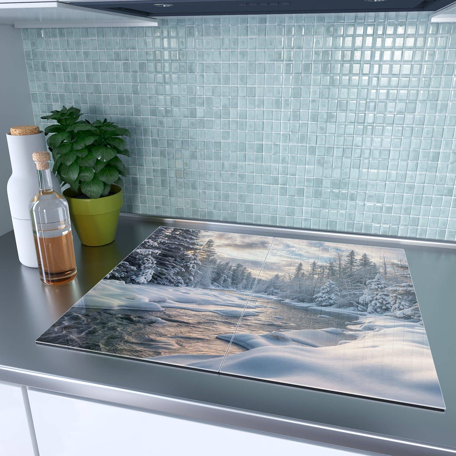 2-teilige Ceranfeldabdeckungen mit Winterfluss-Motiv auf dem Ceranfeld