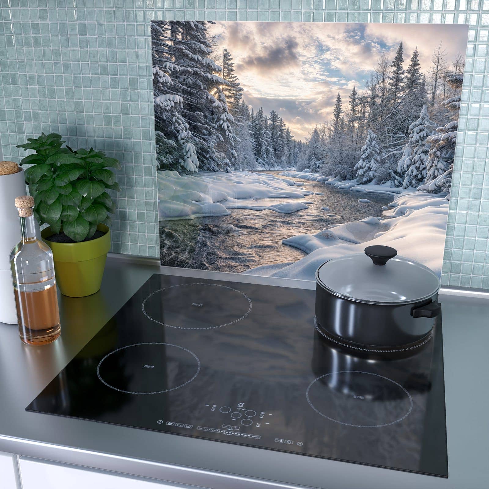 1-teilige Herdabdeckung aus Holz mit Winterfluss-Motiv als Spritzschutz hinter dem Kochfeld